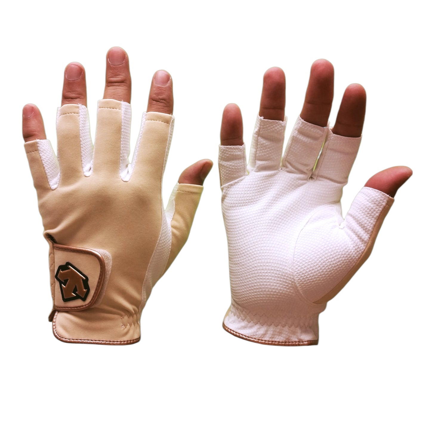 Beige lightweight microfiber fingerless horse riding gloves by Descente, designed for comfort and grip in equestrian activit