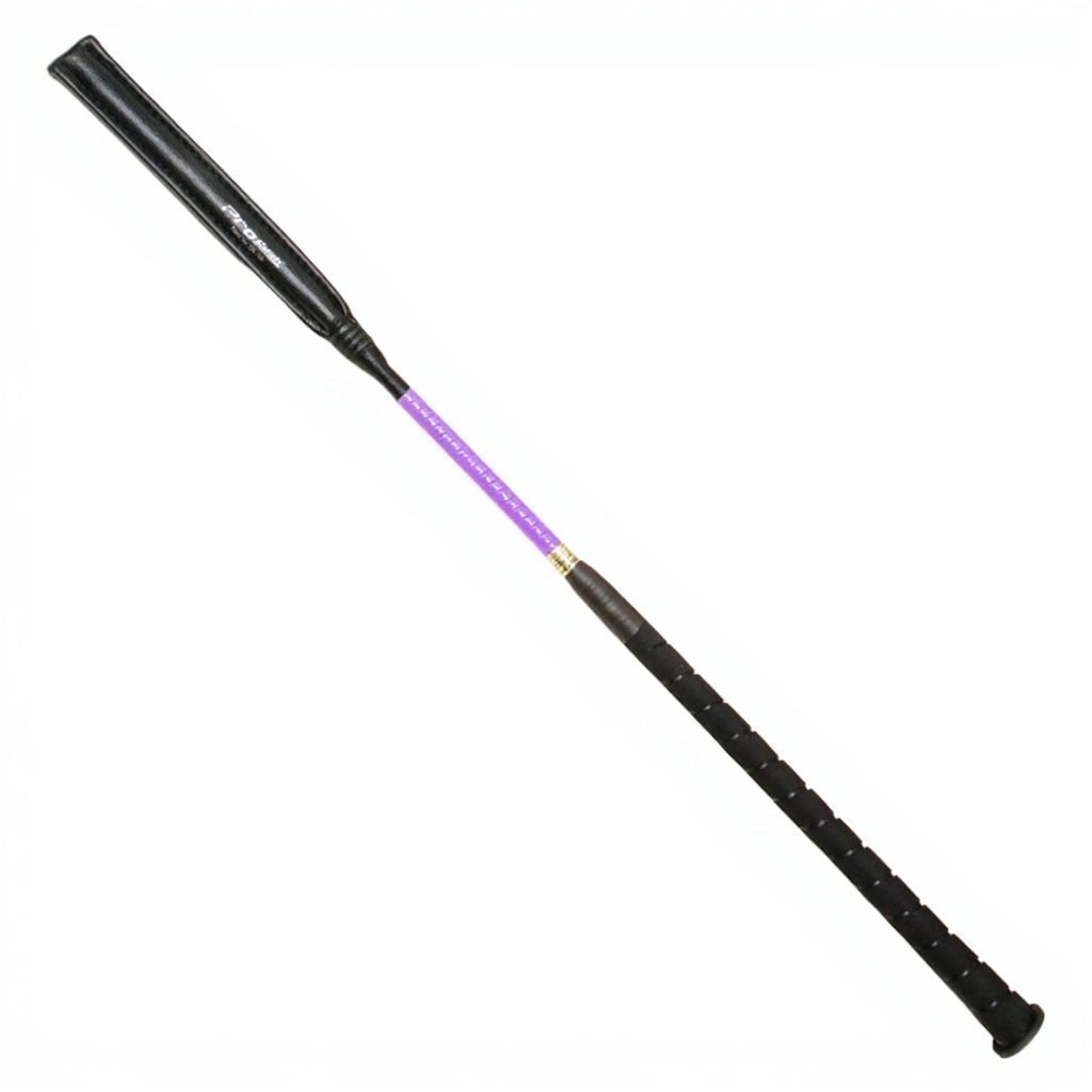Black and purple baseball bat with a rubber grip handle.