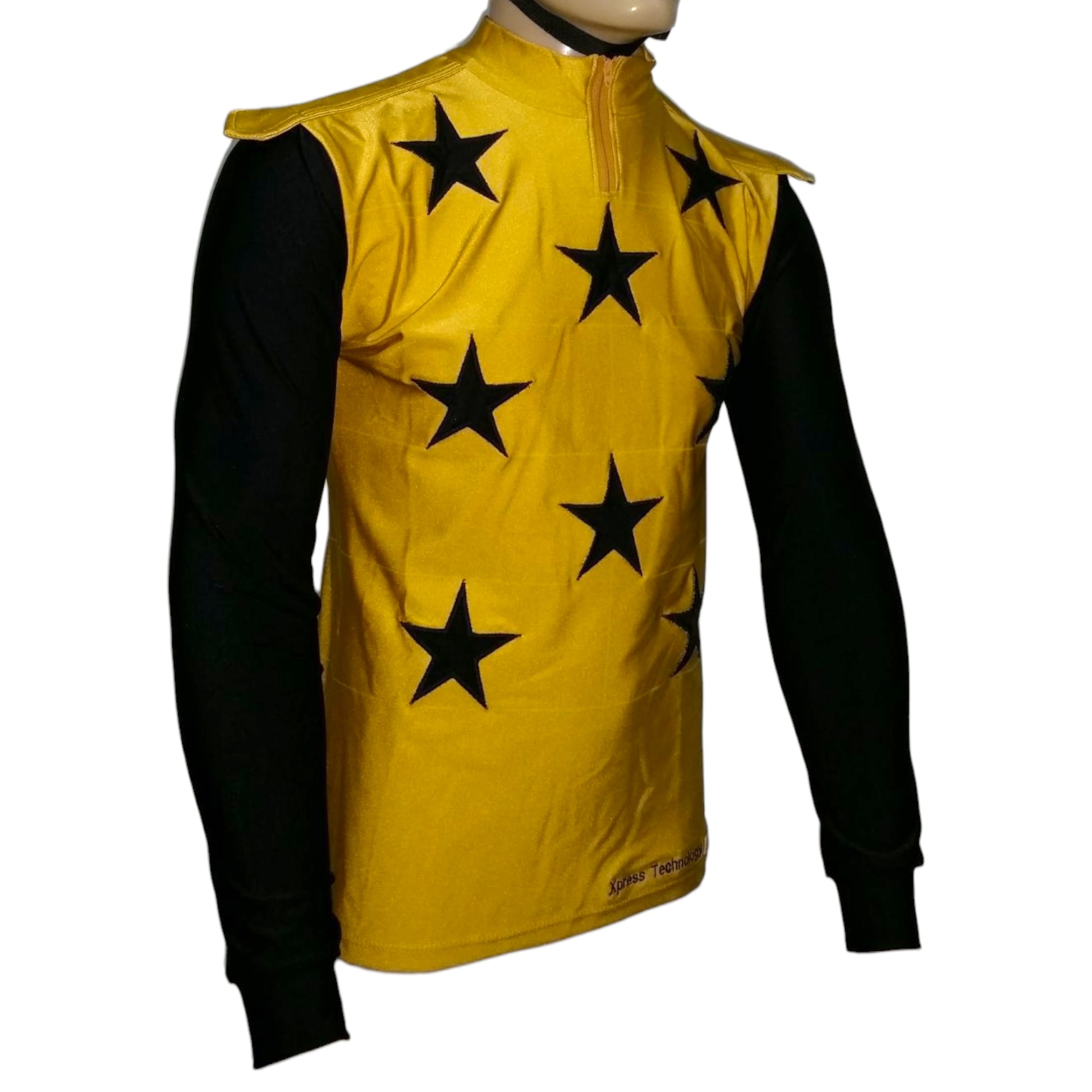 Customizable Equiwin Premium Lycra long sleeve racing silks in vibrant design, perfect for competitive horse racing.