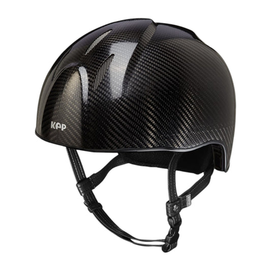 KEP E-Light carbon fiber jockey helmet in eco-leather black harness, lightweight design, 550 grams