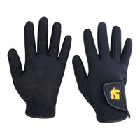 Descente black lightweight insulated winter riding gloves for equestrian use, featuring full-finger design and warm lining. Constructed with a microfiber digital pattern palm fabric and neoprene back-palm.