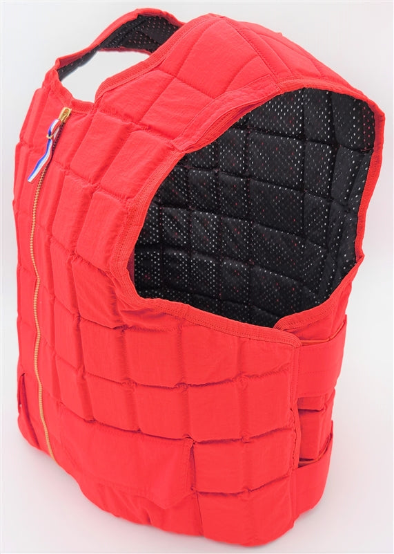 Equiwin PUNTO red polyester jockey riding vest for adults, featuring a sleek design and lightweight material.