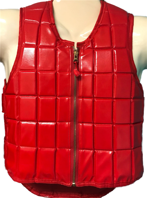 Red glossy vinyl jockey vest for adults by Equiwin, designed for equestrian safety and comfort.