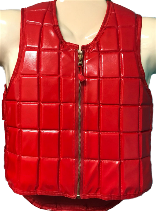 Red glossy vinyl jockey vest for adults by Equiwin, designed for equestrian safety and comfort.
