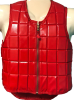 Red glossy vinyl jockey vest for adults by Equiwin, designed for equestrian safety and comfort.