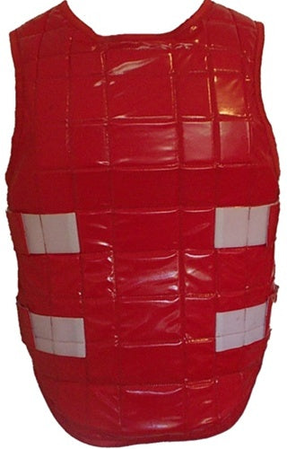 Glossy red vinyl jockey vest for adults by Equiwin, featuring a sleek design for equestrian safety.