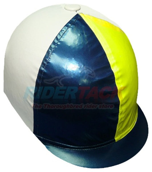 Multicolor hexagonal pattern glossy PVC helmet cover by Equiwin for big-shell helmets, available in red/white and more.