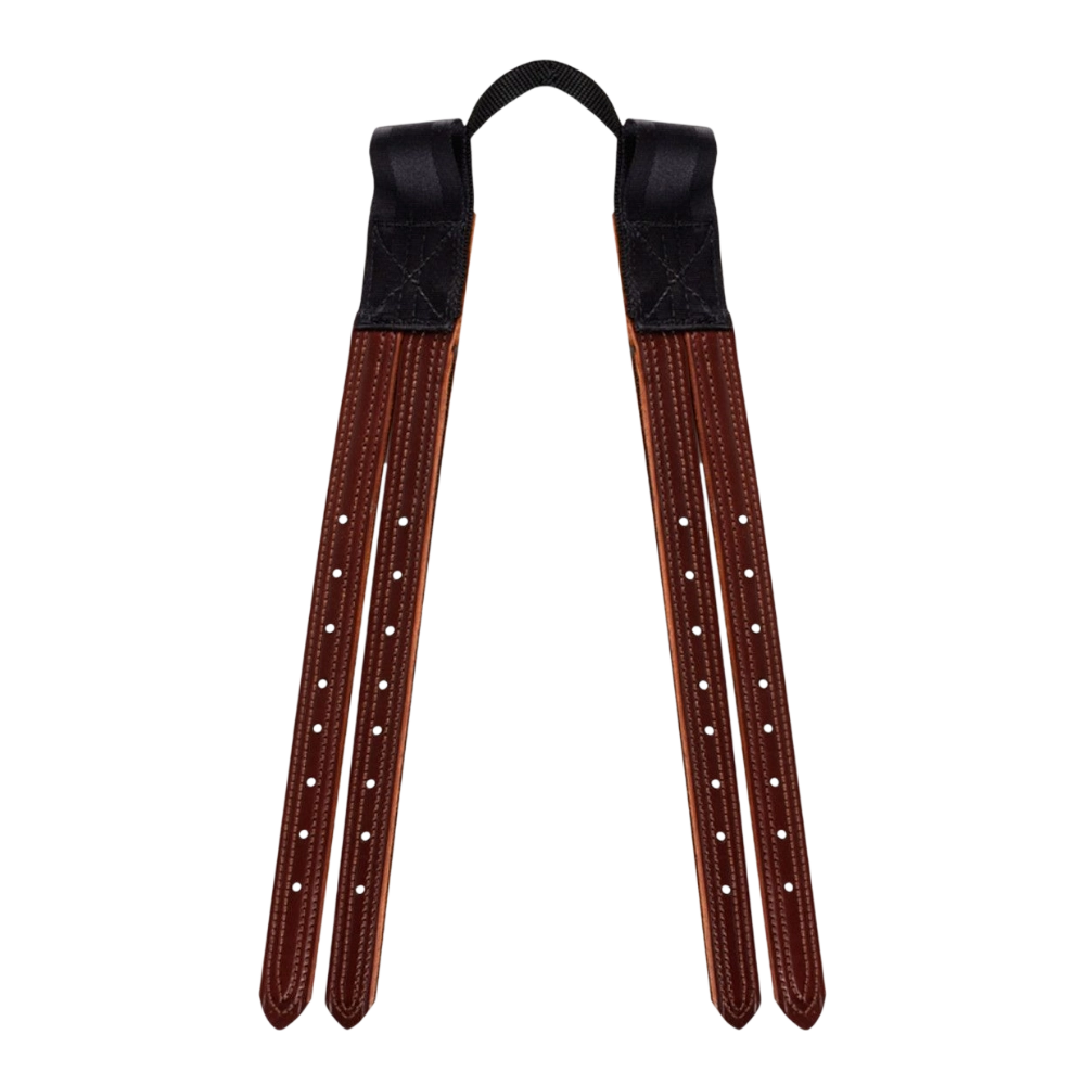 Brown latigo leather saddle billets, 1-inch wide and 10 inches long, by Jacks for exercise saddle repair.
