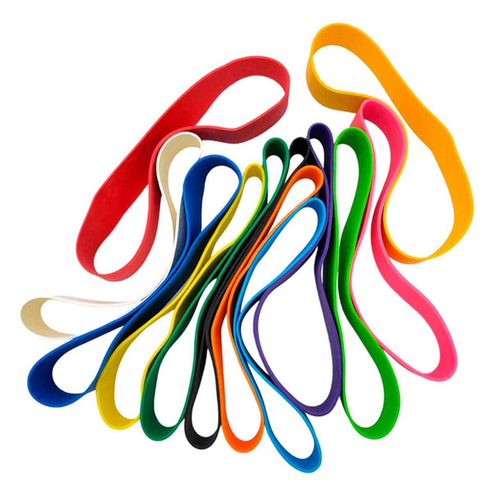 Multicolored rubber bands in various sizes and shapes, ideal for office or crafting use.