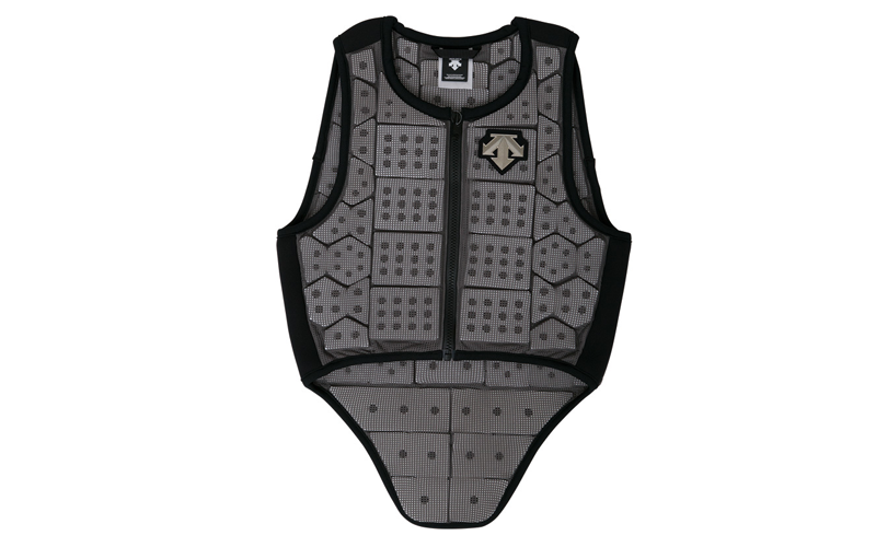 Descente perforated lightweight safety vest for horse riding, featuring hinged panels, available in slim and standard adult