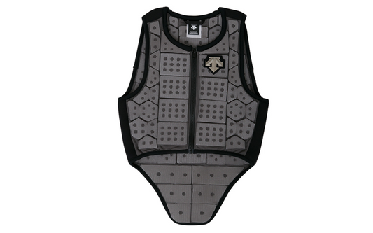 Descente perforated lightweight safety vest for horse riding, featuring hinged panels, available in slim and standard adult