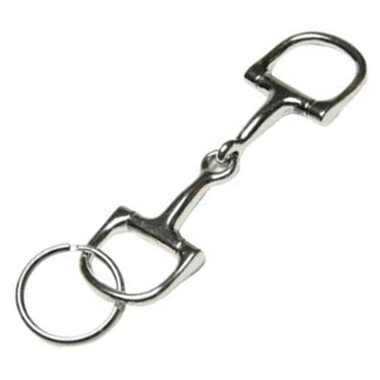 Silver stainless steel horse bit keychain with double ring design.