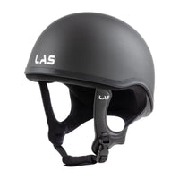 Black LAS JC PRO jockey helmet with ABS high density shell and Coolmax padding, marked size and harness color visible.