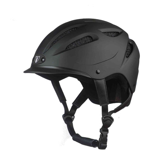 Matte black bike helmet with adjustable straps and ventilation vents.