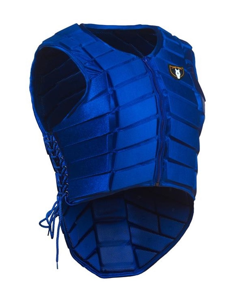 Blue protective vest with padded design and zip closure, featuring a logo on the front.