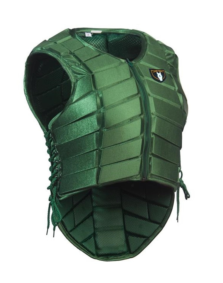 Green tactical vest with zipper and adjustable sides, featuring padded protection and a logo emblem.