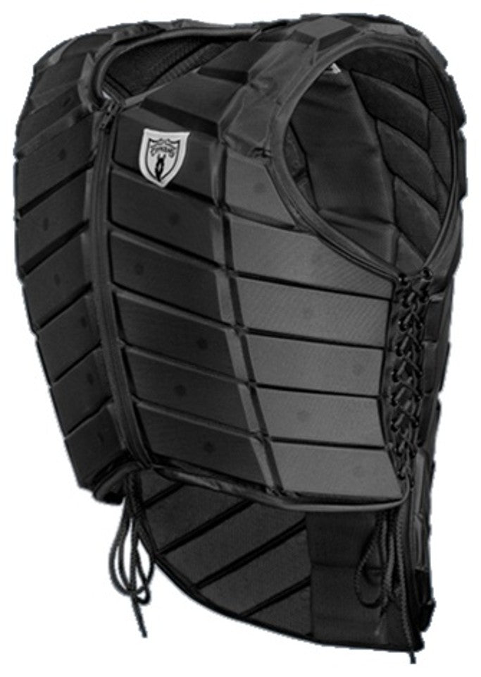 Black hockey goalie chest protector with adjustable straps and padded design for enhanced safety.