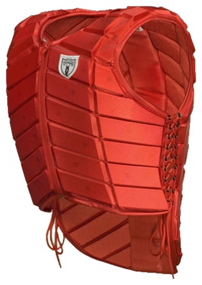 Red padded chest protector with adjustable laces and segmented design for mobility.