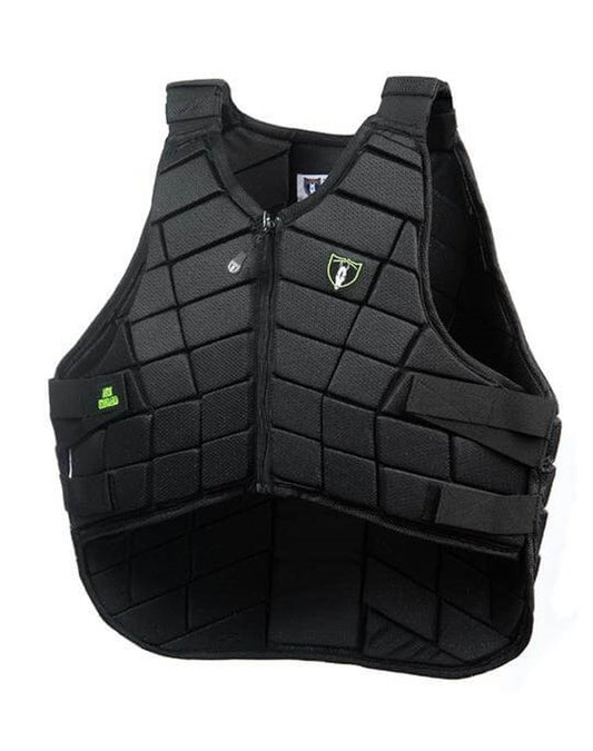 Tipperary black horse riding vest for adults, featuring a secure fit and padded protection for jockeys.