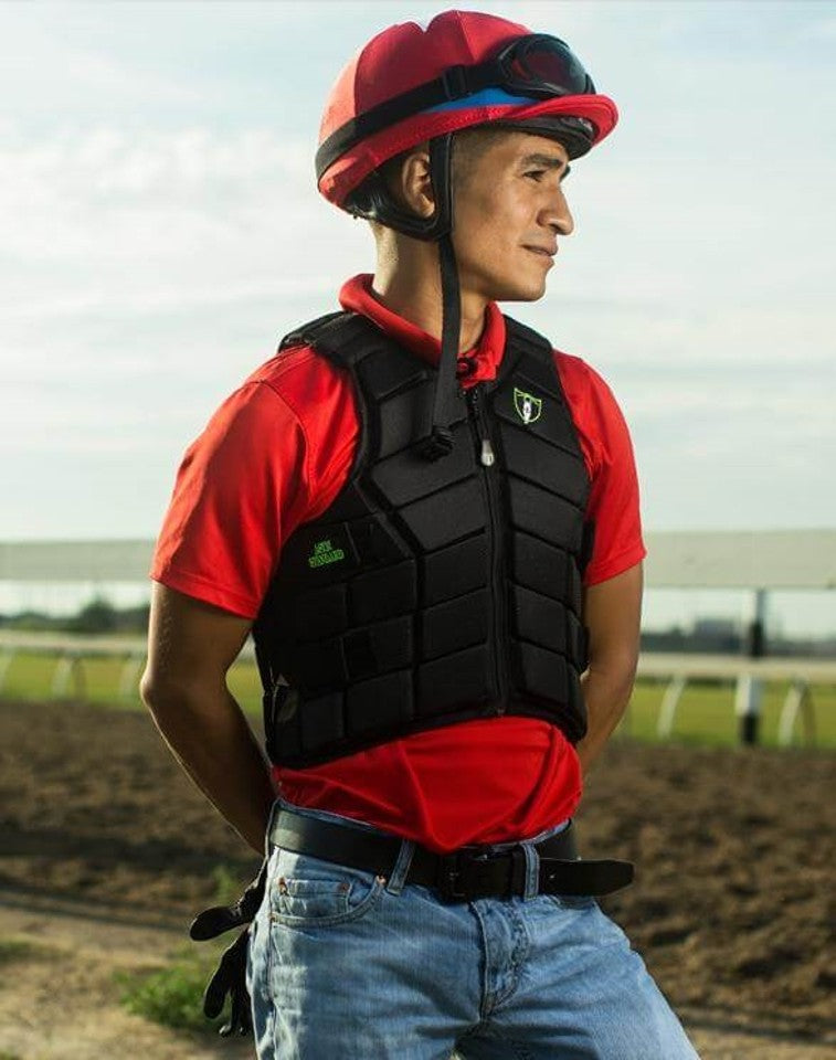Tipperary black horse riding vest for jockeys, featuring adjustable straps and breathable material, available in sizes S, M,