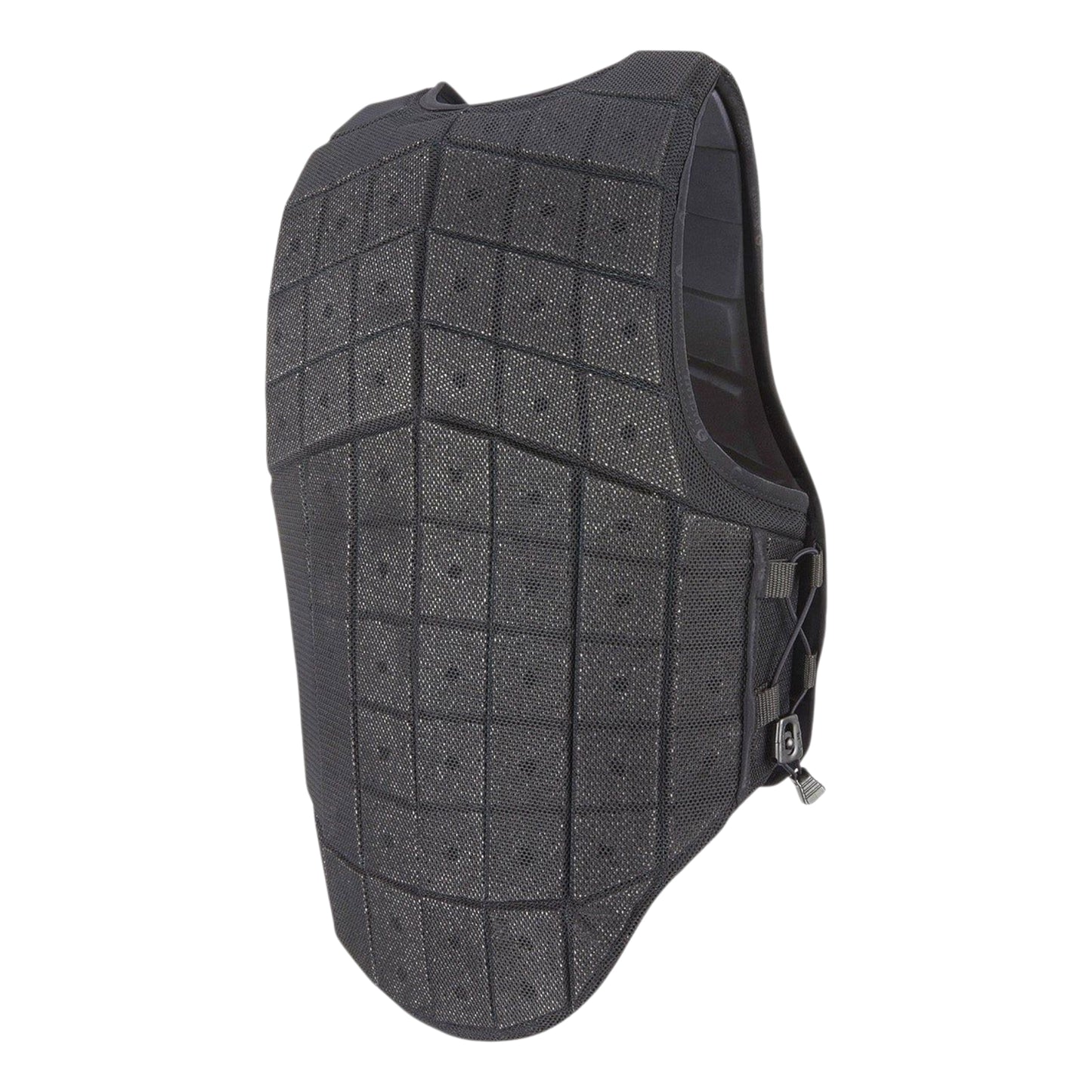 Black Racesafe RaceMotion1 jockey vest with a regular tail, designed for equestrian safety and comfort