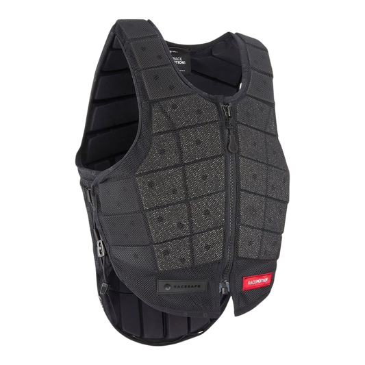 Racesafe RaceMotion1 jockey vest in black, featuring a regular tail and protective padding for equestrian sports.