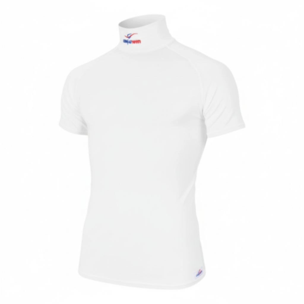 White short-sleeve sports shirt with high collar and logo detail.
