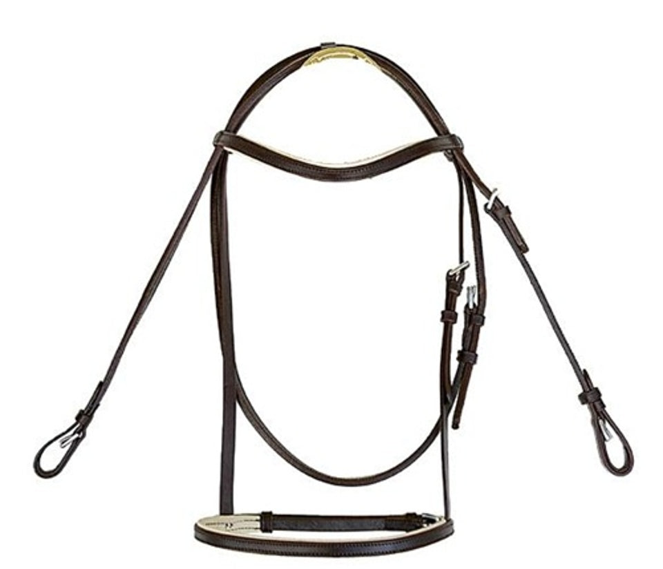 Brown leather racing bridle set with reins by OBR, perfect for equestrian events.