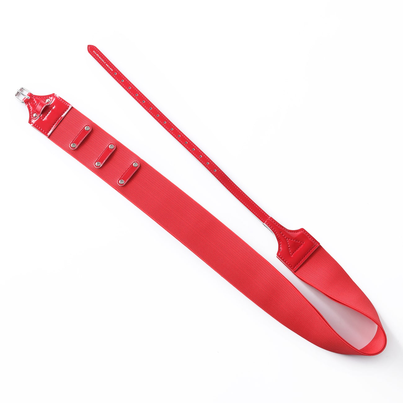 Red elastic yoga strap with metal buckle and adjustable length for flexibility training.