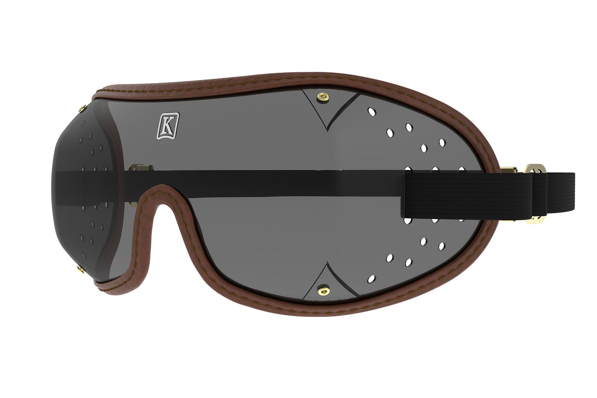 Brown leather aviator goggles with dark lenses and adjustable strap.