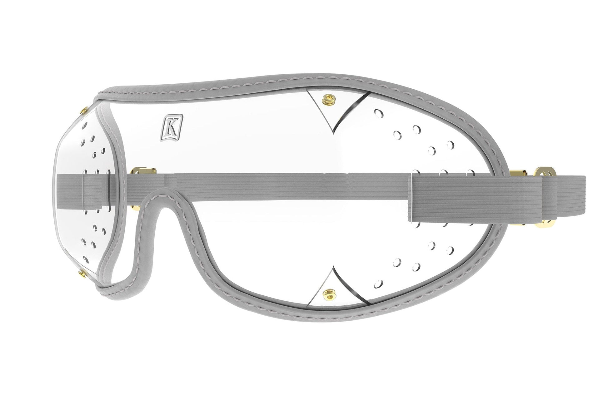 Clear protective goggles with gray strap and ventilation holes.