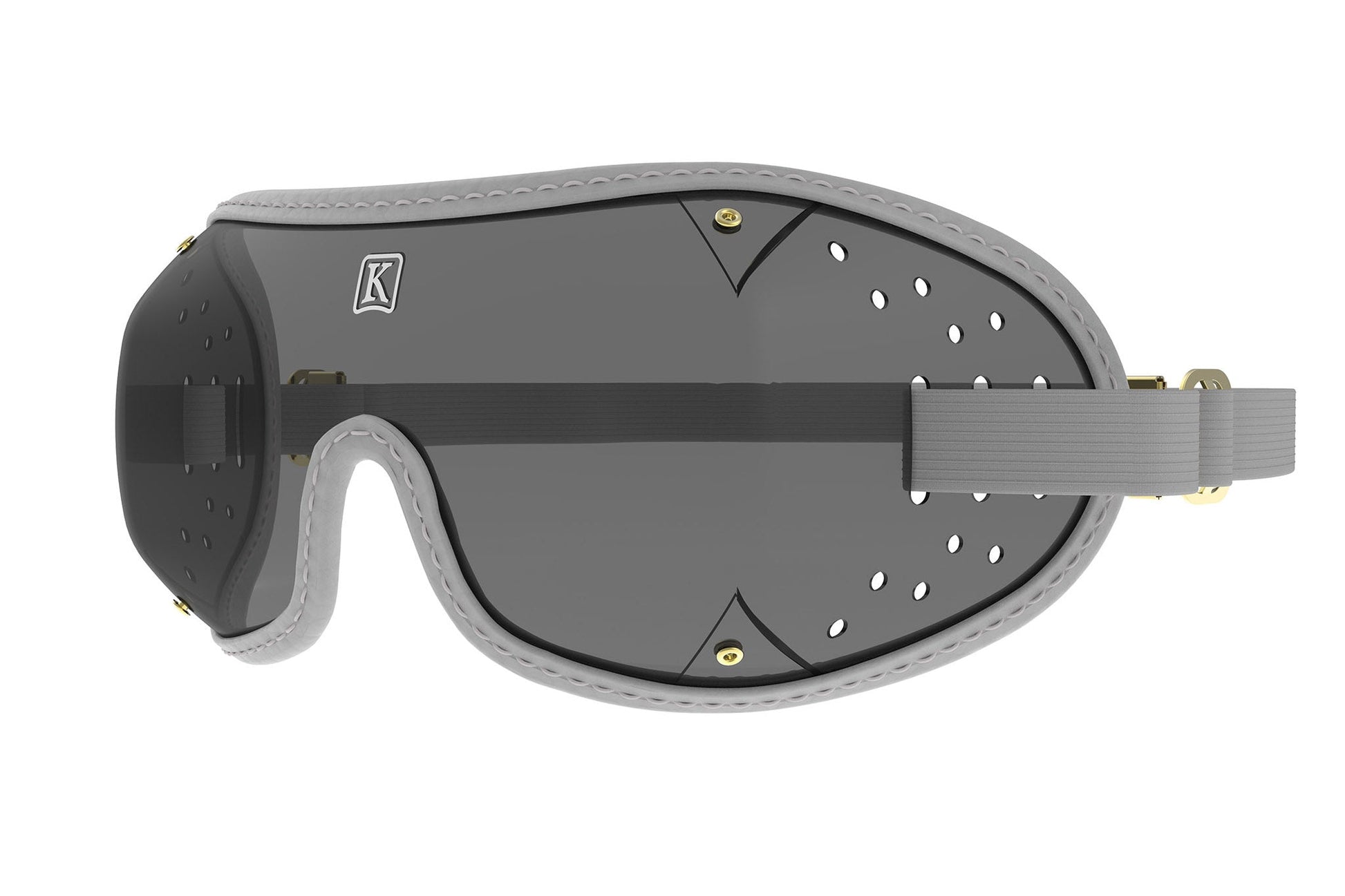 Gray protective goggles with ventilation holes and adjustable strap.