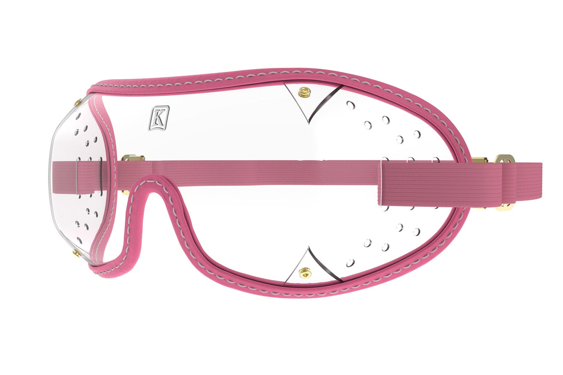 Clear safety goggles with pink rubber frame and adjustable strap.