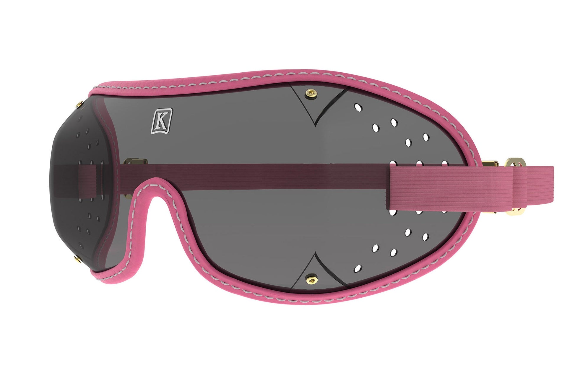 Pink and black ski goggles with ventilation holes and adjustable strap.
