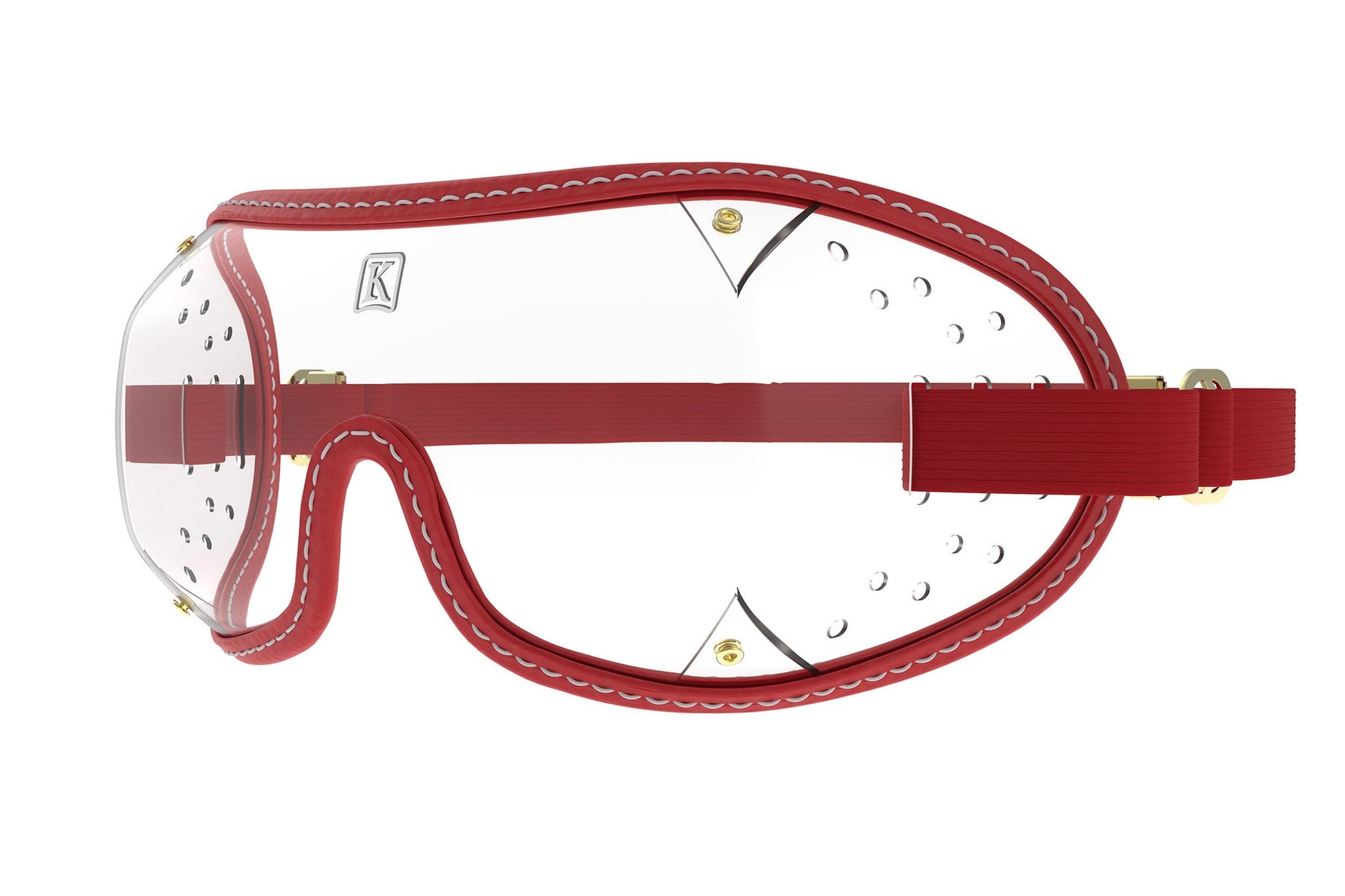 Red Kroops racing goggles with clear lenses, designed for jockey competition and European-style helmets