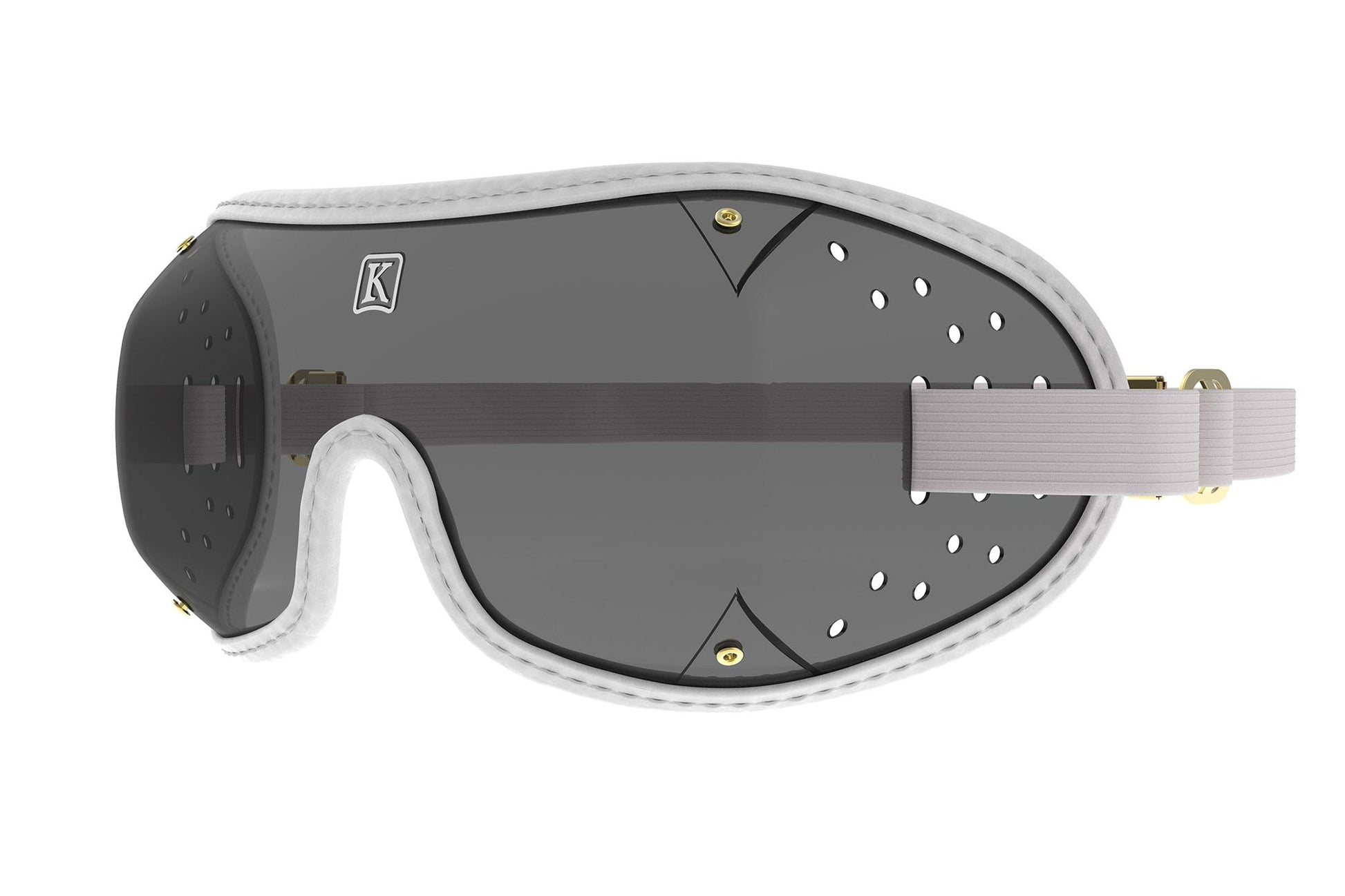 Grey lens Kroops TRIPLE SLOT jockey goggles with red frame for equestrian sports.