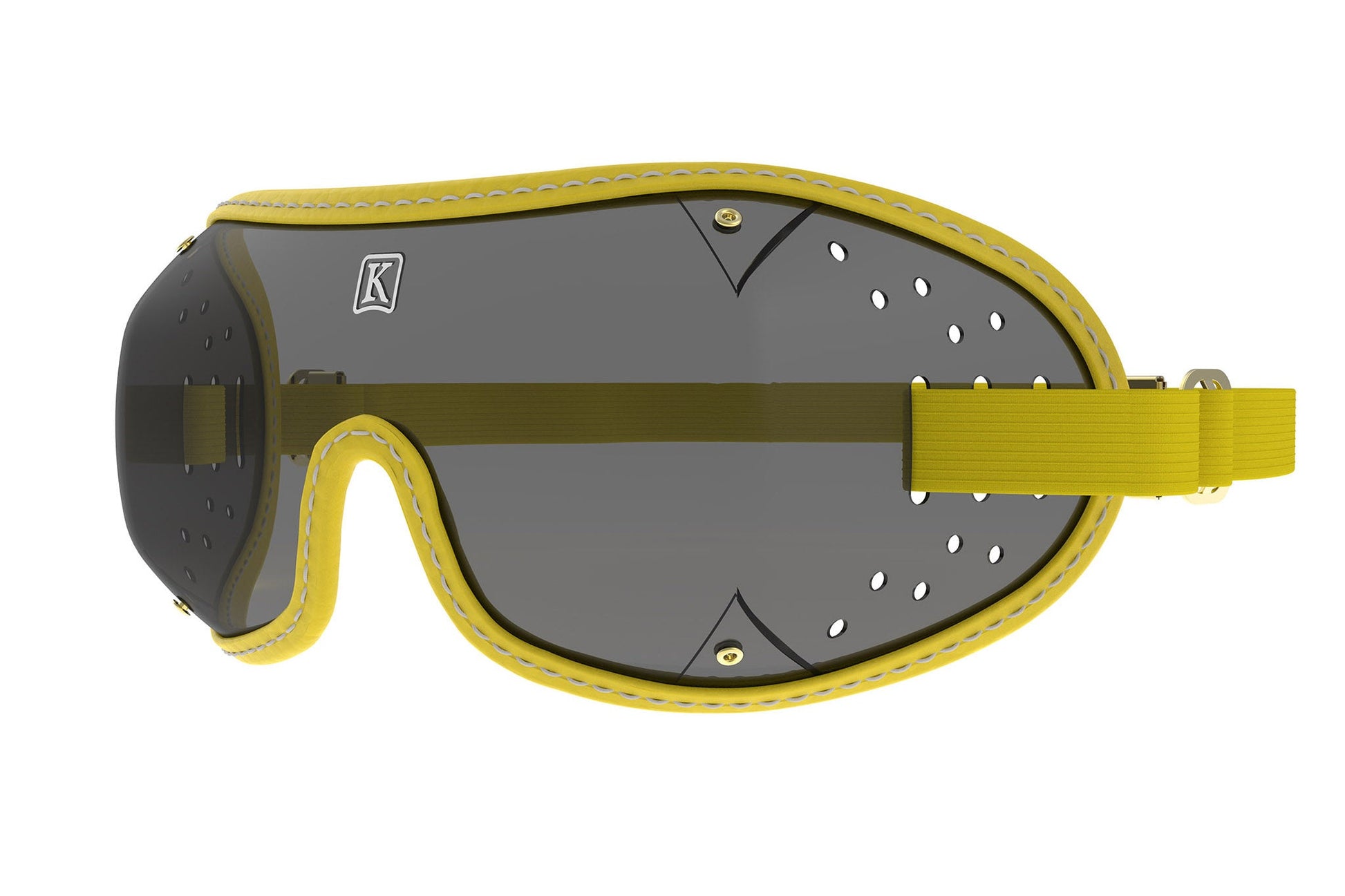 Yellow and black ski goggles with ventilation holes and adjustable strap.