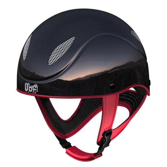 UOF RACE carbon fiber jockey racing helmet in brown genuine leather, featuring a customizable design for competitive use.