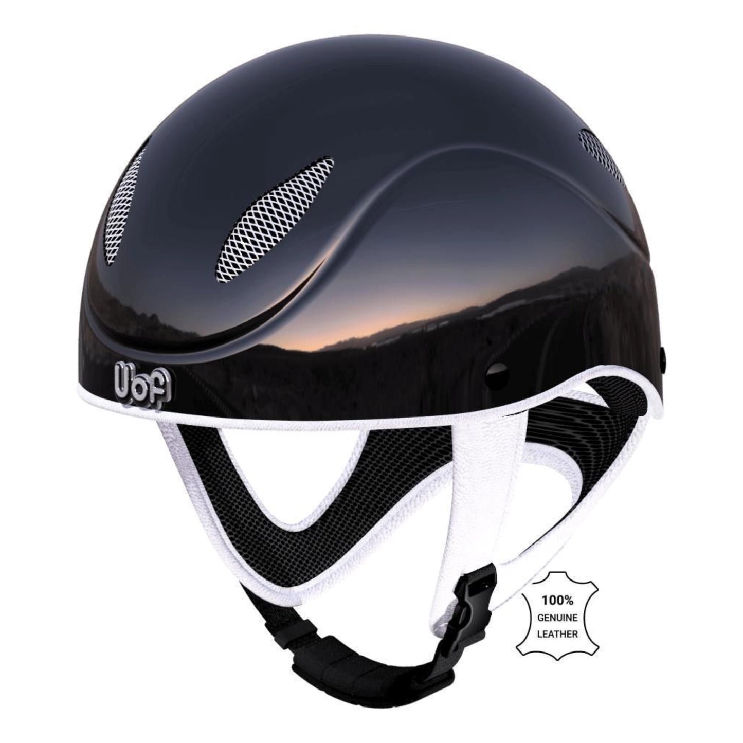 Black helmet with ventilation holes and white strap, featuring 100% genuine leather detailing