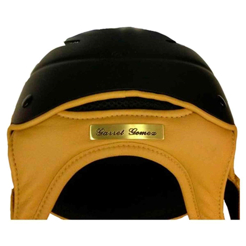 Custom engraved gold brass nameplate with cursive lettering by UOF for helmets.