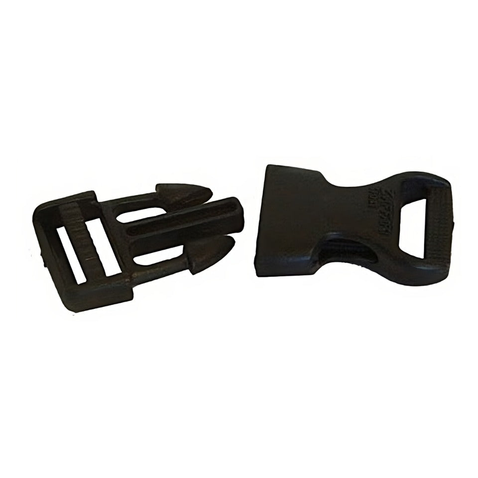 Black durable plastic helmet buckle with quick snap-lock closure by JMI