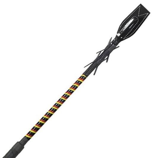JMI TriColor fiberglass racing whip with red-white-royal handle and curved flapper, 26 inches long