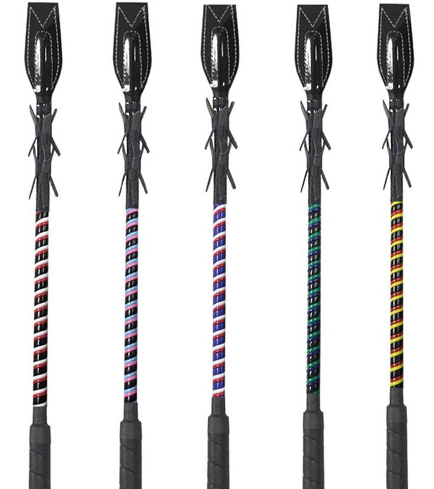 JMI TriColor fiberglass racing whip with a golf grip handle, 26-inch, red-white-royal color, curved flapper