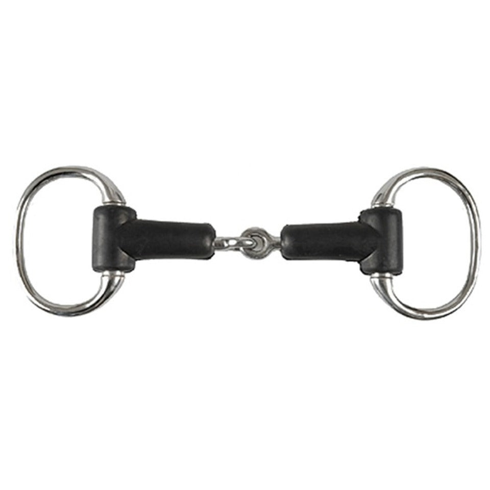 JMI rubber jointed eggbutt snaffle bit in silver, 5-inch size, designed for gentle control in dressage training.