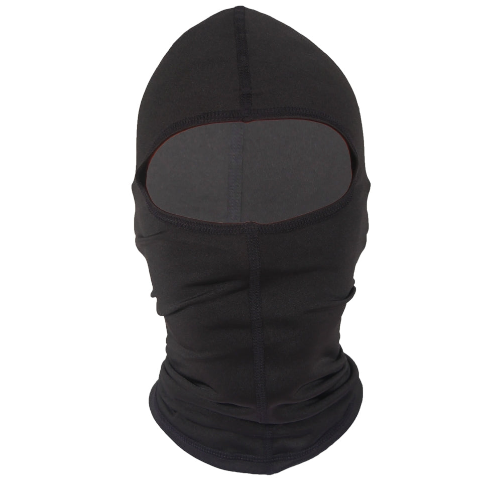 Black stretch nylon polyester face mask by ZAN for cycling and equestrian use, one size fits most