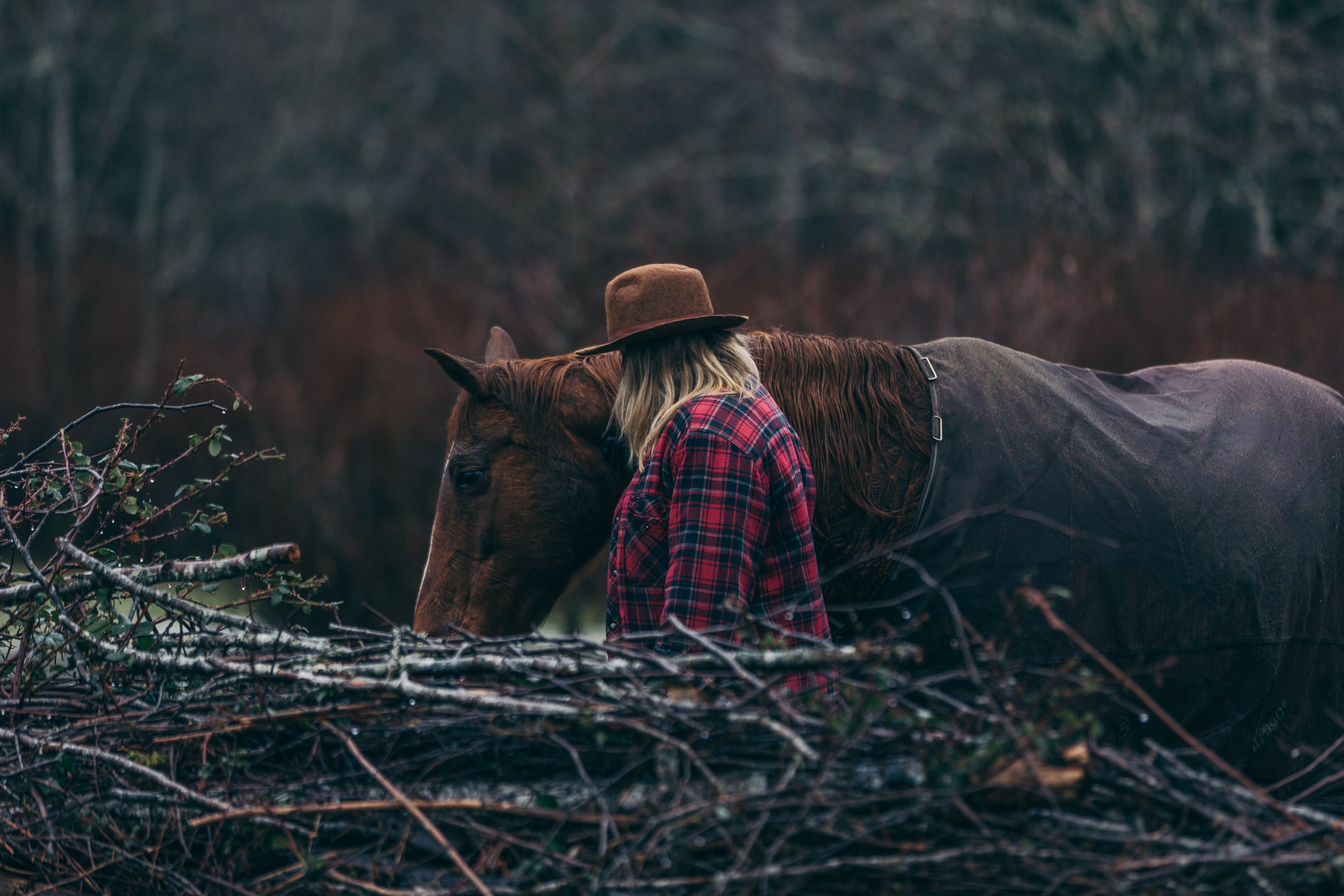 Blonde woman in a red plaid shirt and brown hat beside a brown horse, surrounded by branches.