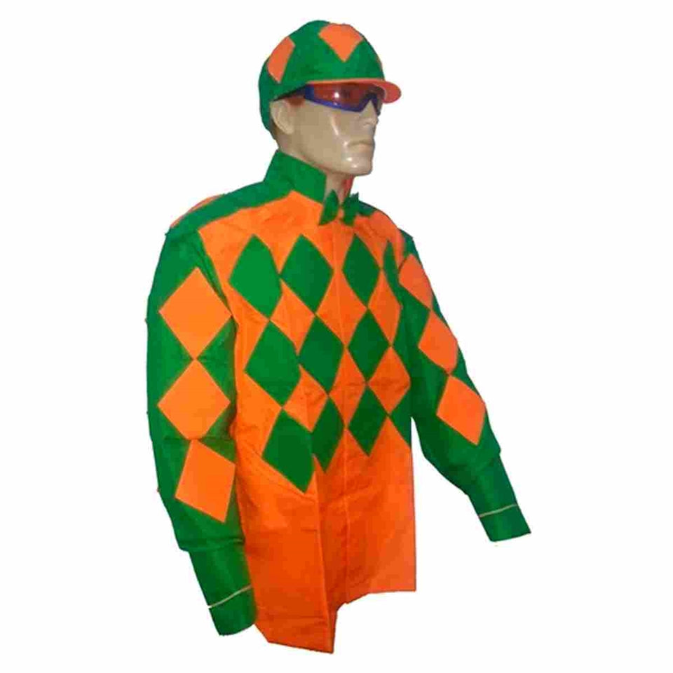Green and orange diamond-patterned jockey silks with matching cap and sunglasses.