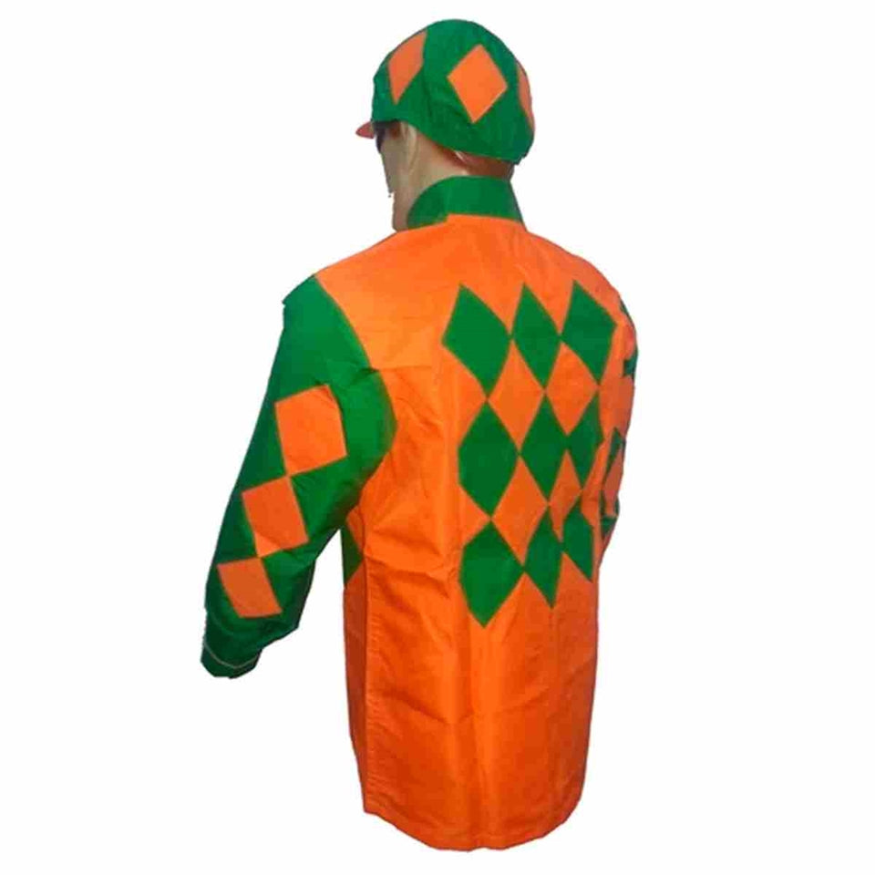 Orange and green diamond-patterned jockey shirt and cap set.