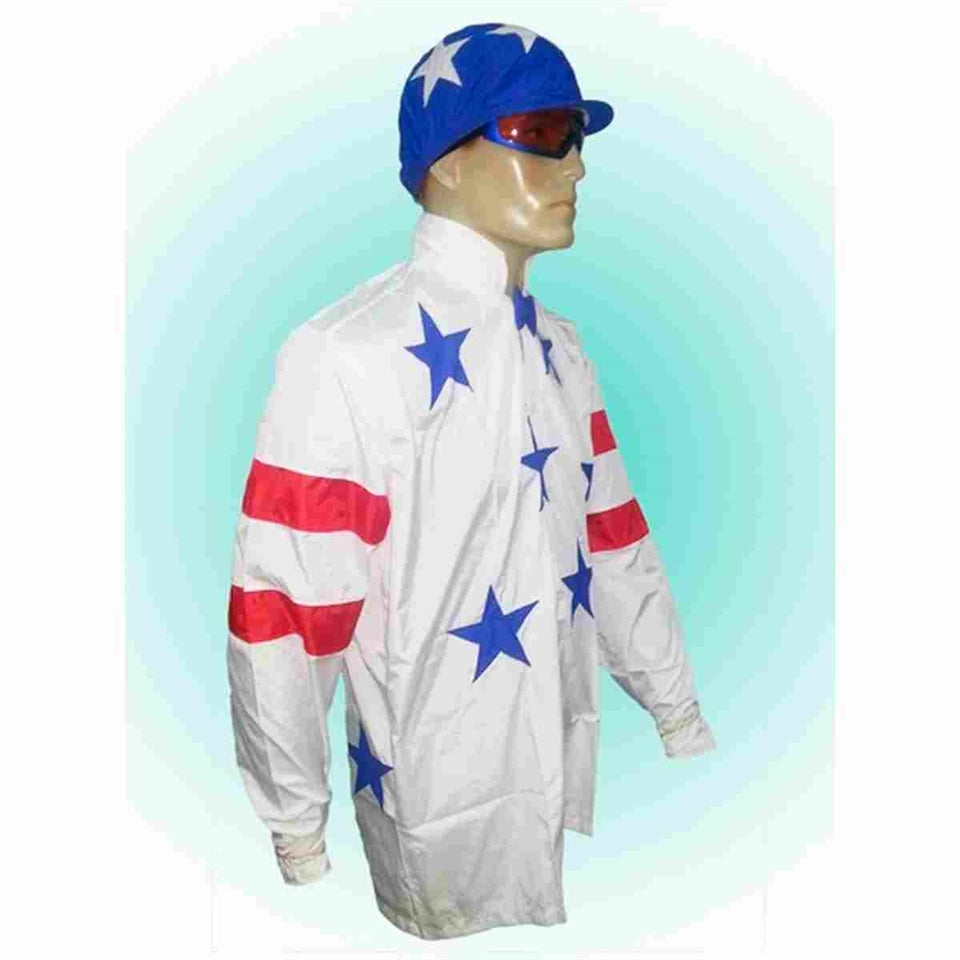 White jockey shirt with blue stars and red stripes, paired with a matching blue cap and sunglasses.