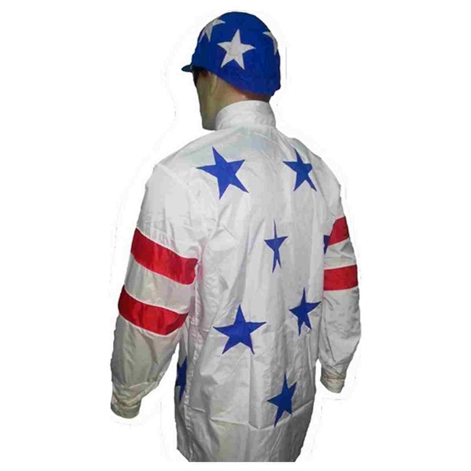White racing jacket with red stripes and blue stars, paired with a matching hat.
